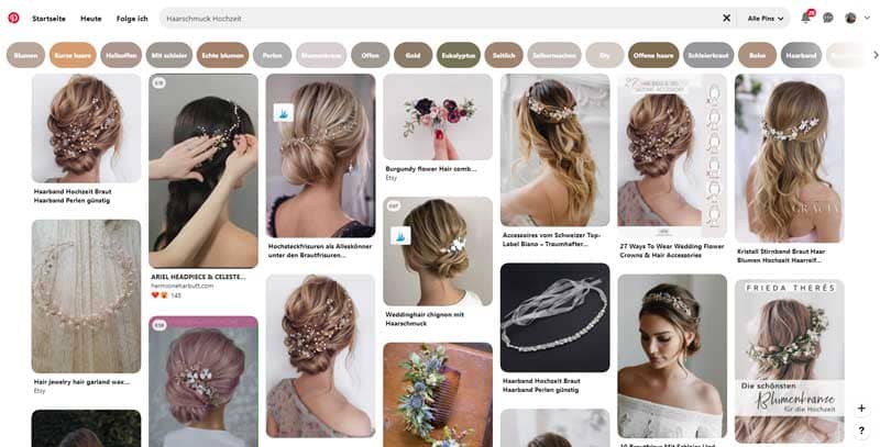 Screenshot Pinterest Suche von Haarschmuck für Brautfrisur