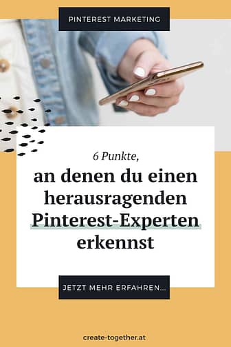 pinterest-experte-erkennen-#4 Frau mit Smartphone in der Hand,, Textoverlay "6 Punkte, an denen du einen herausragenden Pinterest-Experten erkennst"